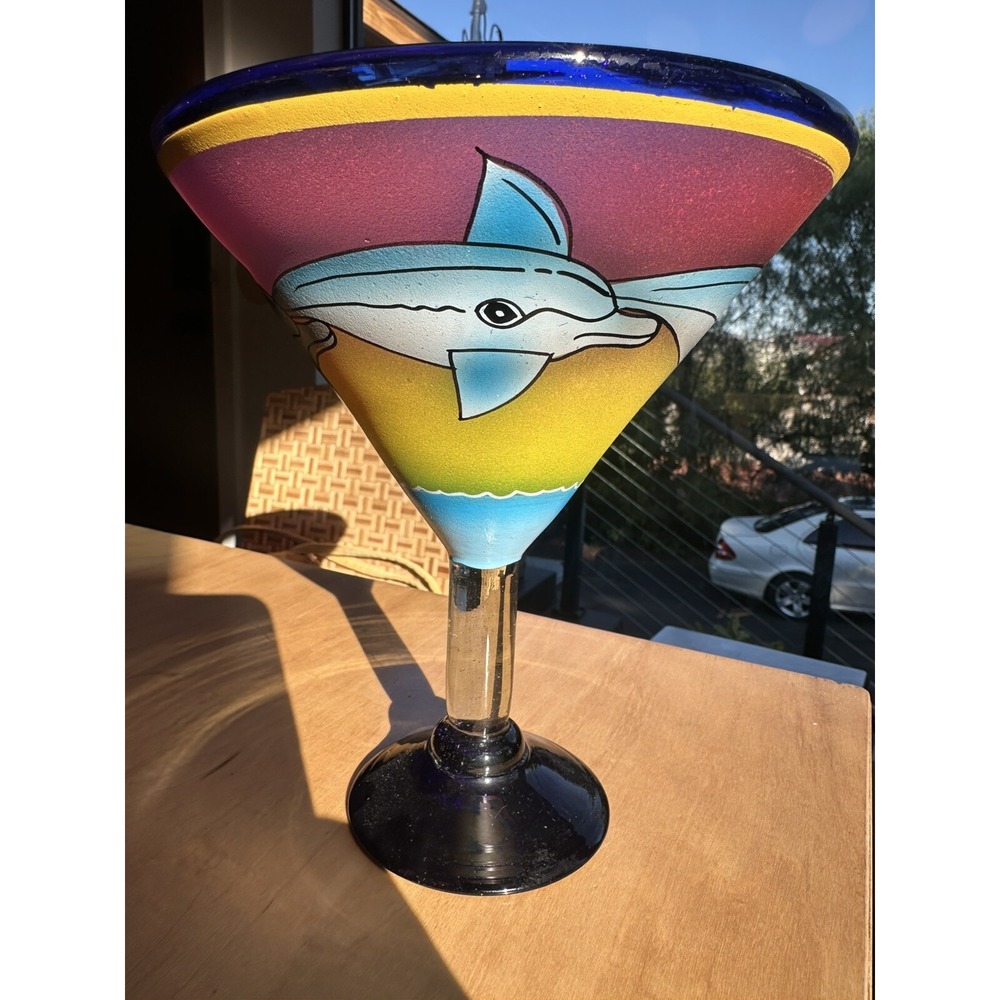 MARTINI GLASS DOLPHINS Waves Sunset HAND BLOWN Pink Blue Yellow Extra Large Size